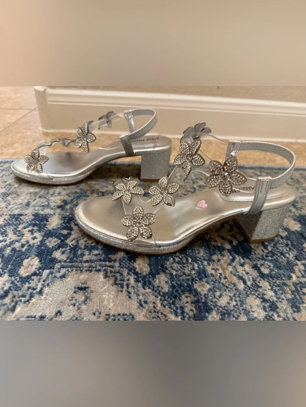 Steve Madden Girls Silver Crystal Floral Ankle-Strap Sandals